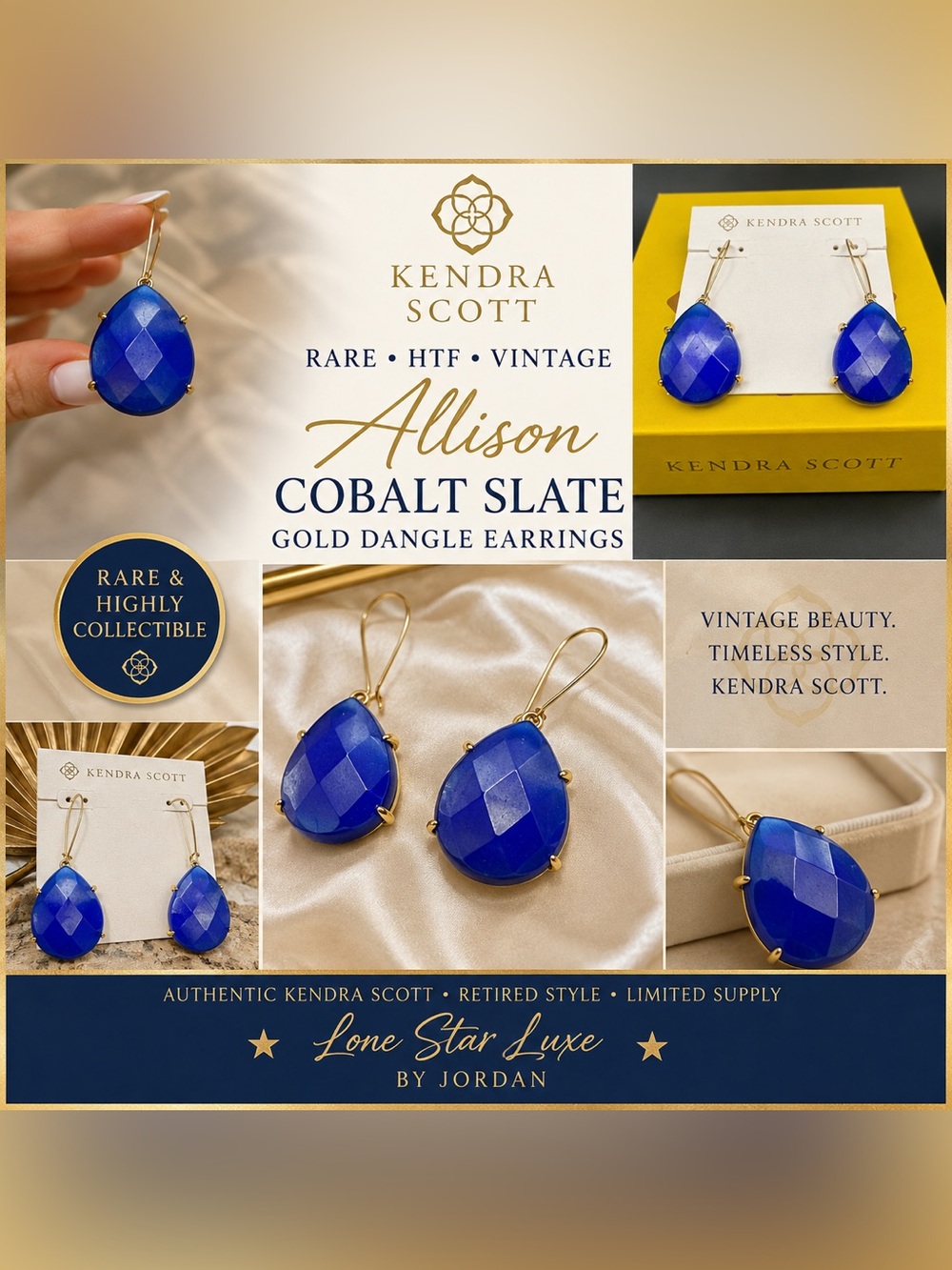 RARE/HTF/VINTAGE Kendra Scott Allison Colbalt Slate Gold Dangle Earrings